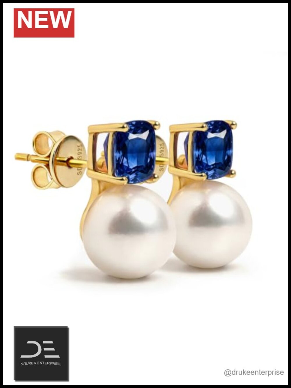 18K Gold Plated 925 Sterling Silver Stud Earrings with Pearl & Blue Sapphire
